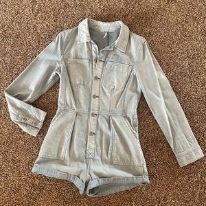 Free People Light Gray Denim Romper Shorts